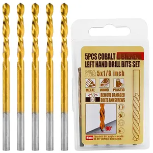 5 count 1/8" M35 Cobalt Left Hand Drill Bits Set for Removing Broken Stubs,  and Screws, Reverse Twist Drill Bits