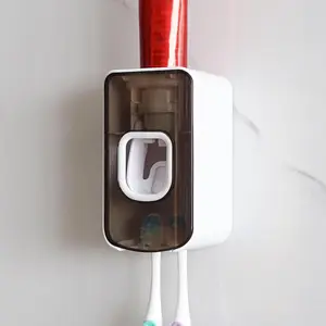 2 Slot Toothbrush Holder and Toothpaste Dispenser Wall Mounted, Automatic Toothpaste Squeezer, 2 in 1 Tooth Brush Toothpaste Organizer for Shower (Grey)