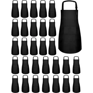 30 Pcs Kids Bulk Adjustable Children Bib Aprons with Pockets for Girls Painting Kitchen Cooking Baking (Black, L)