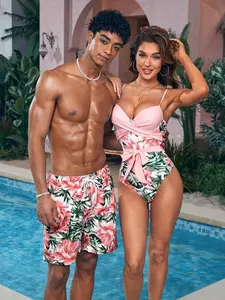 [KAITLIN] 1pc Men's Tropical Flower Graphic Print Beach Shorts Couples Matching Swimwear, For Beach, Vacation,Hawaiian