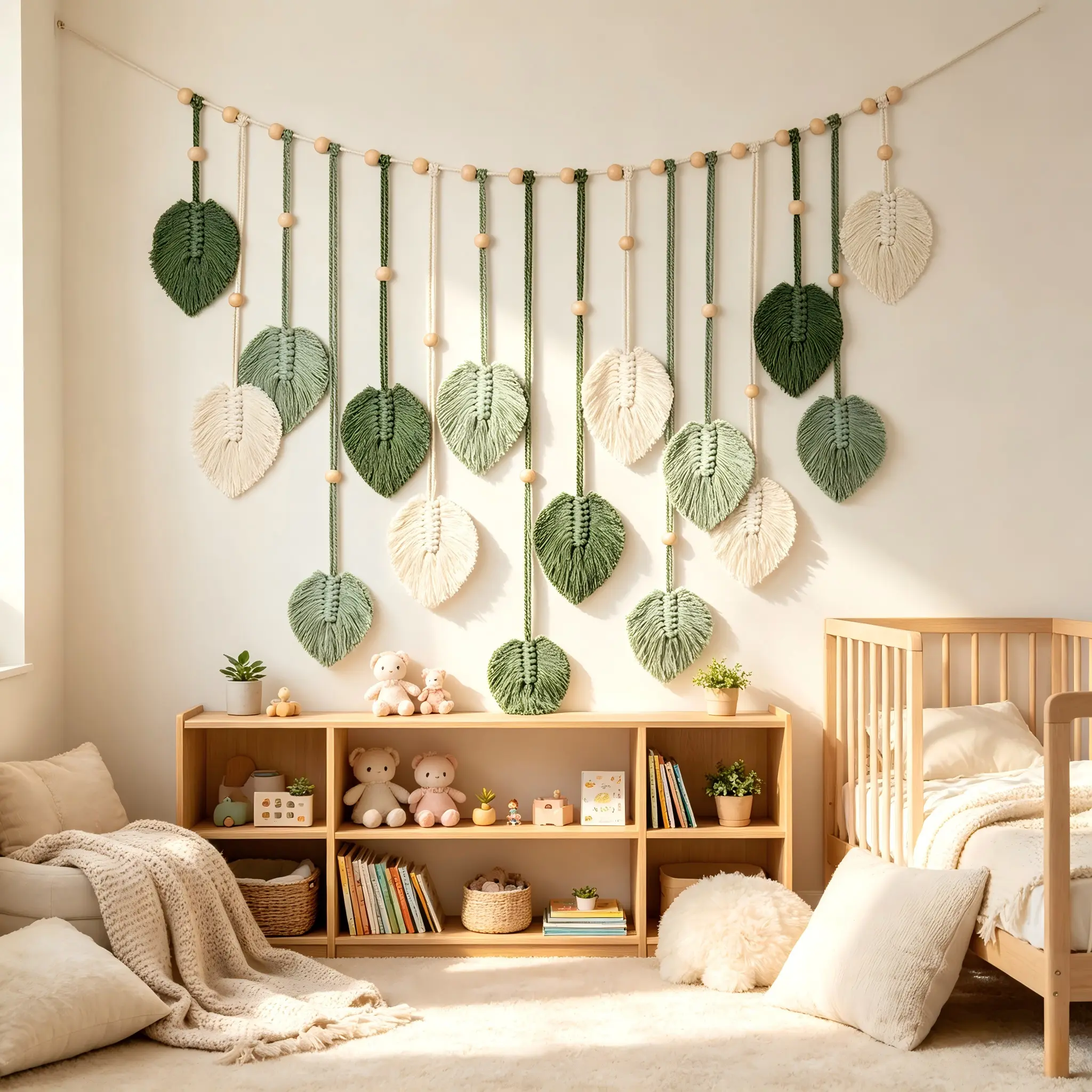 Macrame Wall Hanging Large Macrame Leaves Tapestry Wall Hanging Decoration Boho Handmade Woven Leaf Feather Wall Art Decor for Nursery Bedroom Living Room Office Christmas Thanksgiving Decor, 29 X 51 Inch (Green)