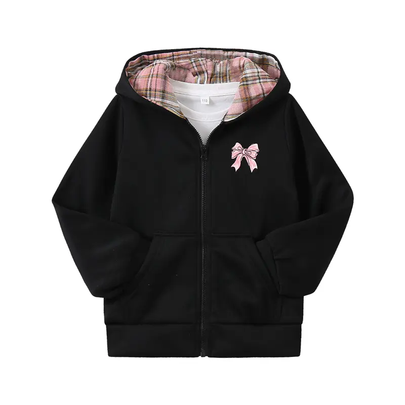 Autumn and winter new girls' sweet pink bow print hooded jacket with contrasting pink-brown plaid hood lining, long sleeves, zipper, pockets, loose and casual cardigan, versatile hooded sweatshirt for everyday outings Kids' clothes