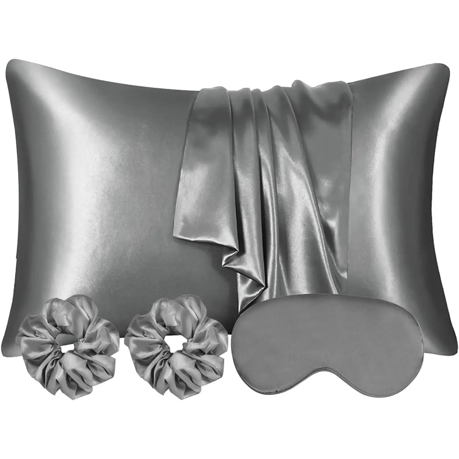 2 Pack Satin Silk Pillowcase, 15.75x31.50in Silk Pillowcases for Hair and  with 2 count Satin Hair Scrunchies&Eye Mask, Soft Slip Beauty Sleep Satin Pillowcase, Gifts for Women Men(Dark Gray)