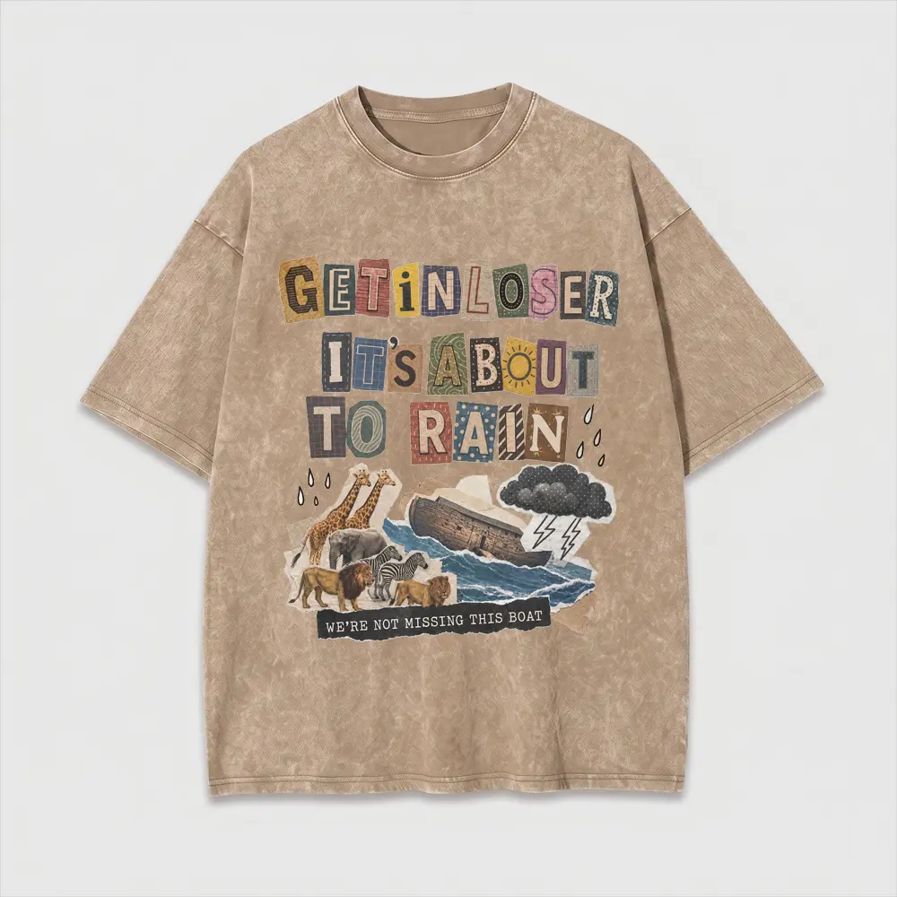 Get Closer It's About To Rain Graphic T Shirt,Vintage Washed Oversized Tee for Men and Women, Retro Noah's Ark Animal Print Streetwear Shirt,Inspirational Weather Theme Casual Top, Soft Cotton Shirt,Travel,Outdoor Adventures and Trendy Street Style