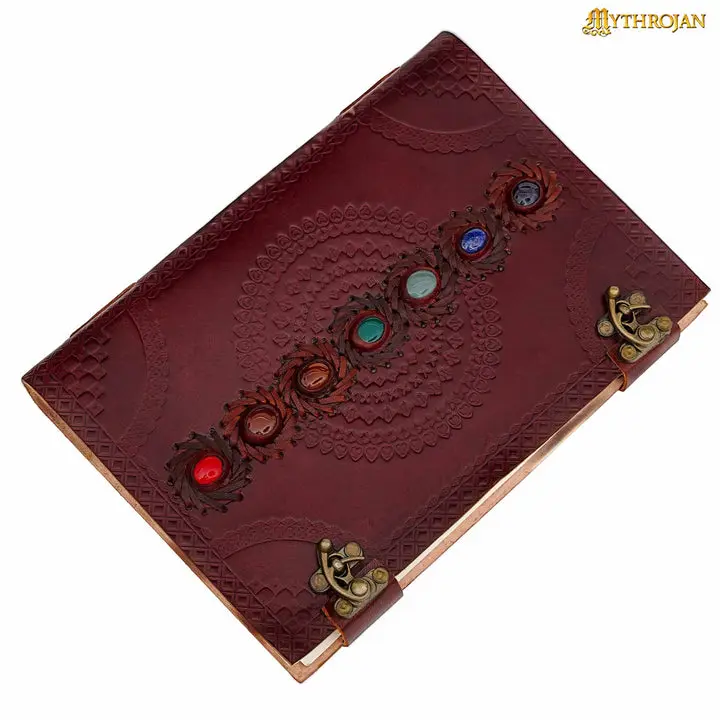 Mythrojan 7-Stone Handcrafted Vintage Leather Bound Notebook - 10x7in Rustic Office Stationery, Embossed Cover, Blank Recycled Pages for Daily Writing, Travel Sketching, Studying Journal, Leather Bound Notebooks