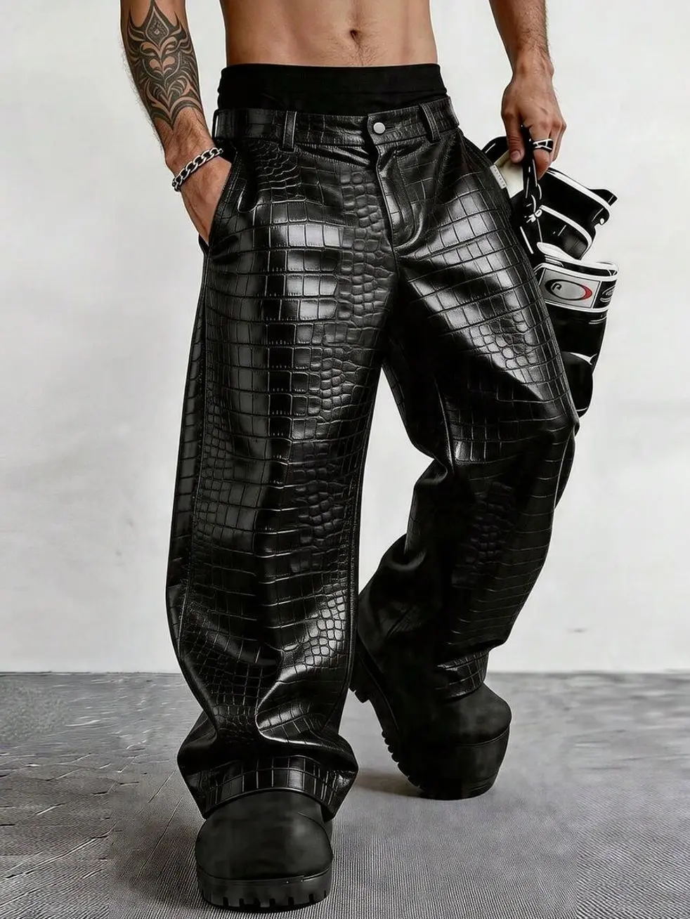 Jeans for men - Men's Crocodile Embossed Cargo Pants, Loose Fit Wide Leg Faux Leather Streetwear Trousers mens clothing male clothing trending clothes baggy jeans for men pants for men streetwear clothing fall clothing y2k clothing