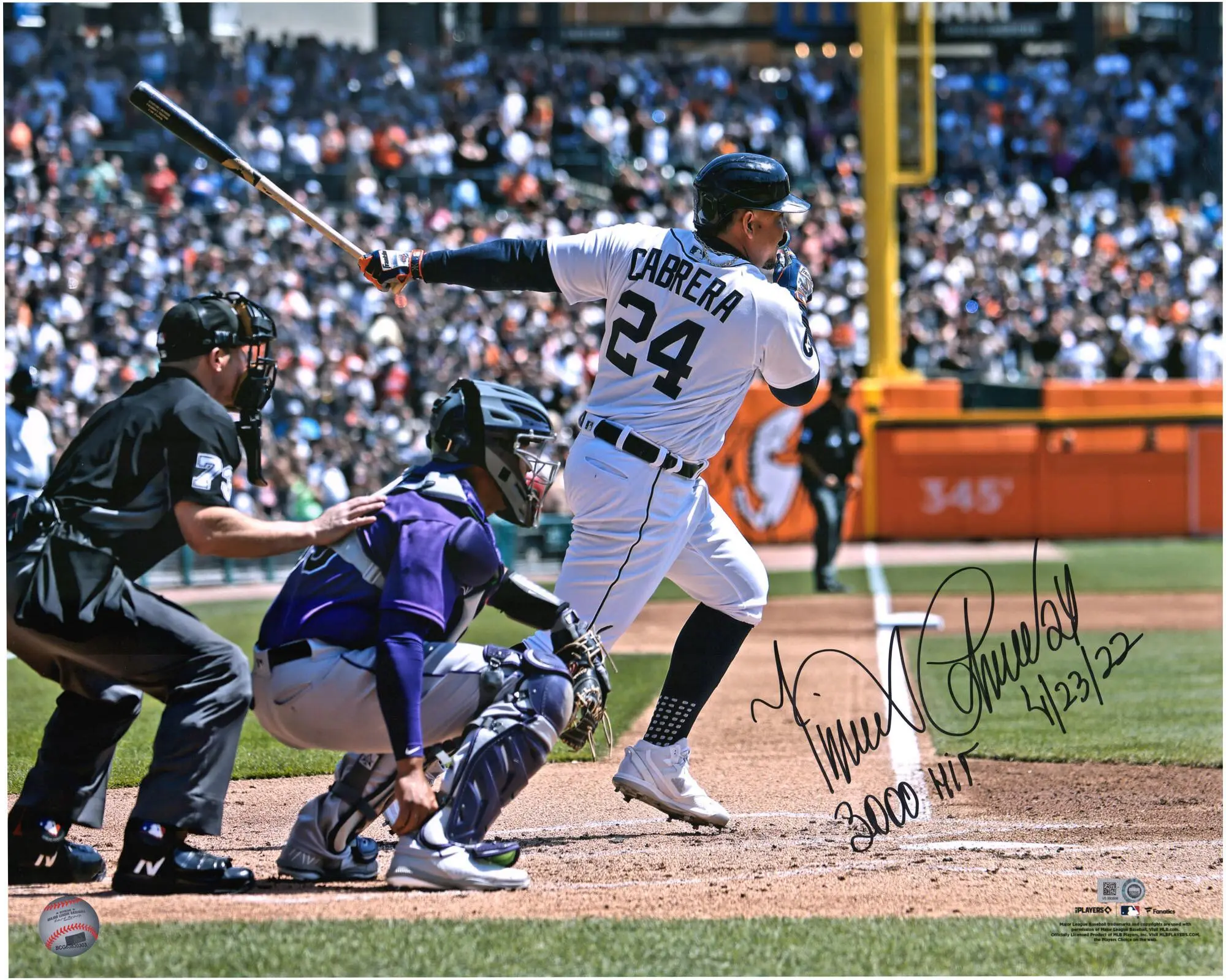 Miguel Cabrera Detroit Tigers Autographed 16'' x 20'' 3000th Hit Photograph with "3000th Hit" and "4-23-22" Inscriptions - Fanatics Authentic Certified
