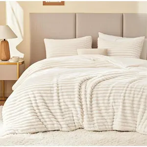Comforter Set Queen Size - Soft Faux Fur Stripe Comforter 3 Pieces, Cream White Fleece Bedding Set,Winter Warm Bed Set,1 Comforter with 2 Pillowcases