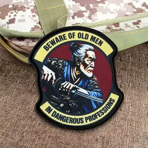 “Beware of Old Men” Tactical Morale Meme Patch Military Army Badge Samurai Hook Loop Emblem for Backpack Airsoft Gear Vest