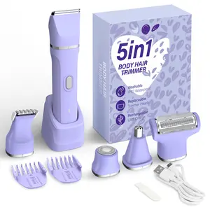 KINGTEE 5-in-1 Electric Bikini Trimmer for Women – IPX7 Waterproof Shaver, Cordless Body & Facial Razors for Women, Ceramic Blades, USB-C Rechargeable, Painless Hair Removal Kit (Purple)