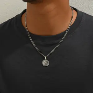 Men's New Cuban Compass Stainless Steel Pendant Necklace Fashion Chain Daily Accessories