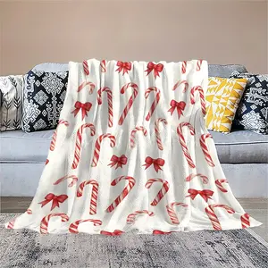 Candy Cane Throw Blanket - Super Soft Flannel Holiday Christmas Decorative Blanket with Red & White Stripes & Festive Bow Design, All-Season Cozy Contemporary Style for Couch, Bed, or Home Decor