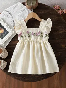 Baby Girl Floral Embroidered Dress, Butterfly Sleeve, Country Style, Spring Summer, Cute and Versatile, Perfect for Playdates, Baby Clothing