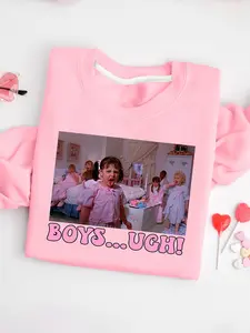 Women's Y2K Pink “Mean Girls” & “BOYS…UGH!” Fitted Graphic Fashion Sweatshirt, Cute Movie Scene Print, for Casual School Outfits and Gifts