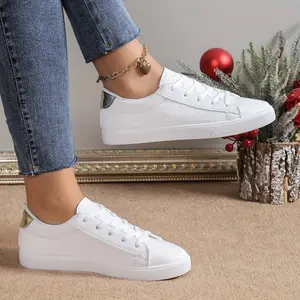 Women's White Flat Sneakers, Casual Lace Up Outdoor Shoes, Lightweight & Comfortable Low Top Shoes