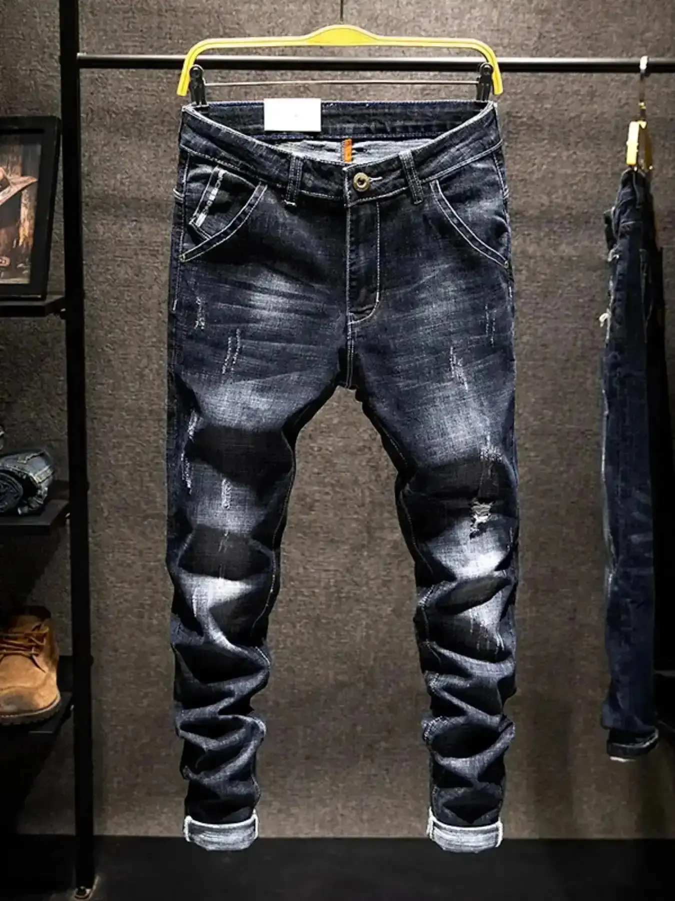 Men's Trendy Skinny Jeans, Distressed Ripped Denim with Pocket, Faded Pocket All-Season Style, Stylish Elastic Stretchable Fabric, Streetwear Fashion, Comfortable Fit and Gift Idea, Luxury Look