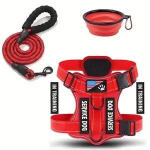 3-in-1 Service Dog Harness,Dog No Tangle Leash and Bowl, Reflective Dog Vest Harness with 5PCS Patches, Adjustable Soft Oxford Pet Harness, Inner Layer Mesh, Easy to Control for Dogs, Red, Black, L
