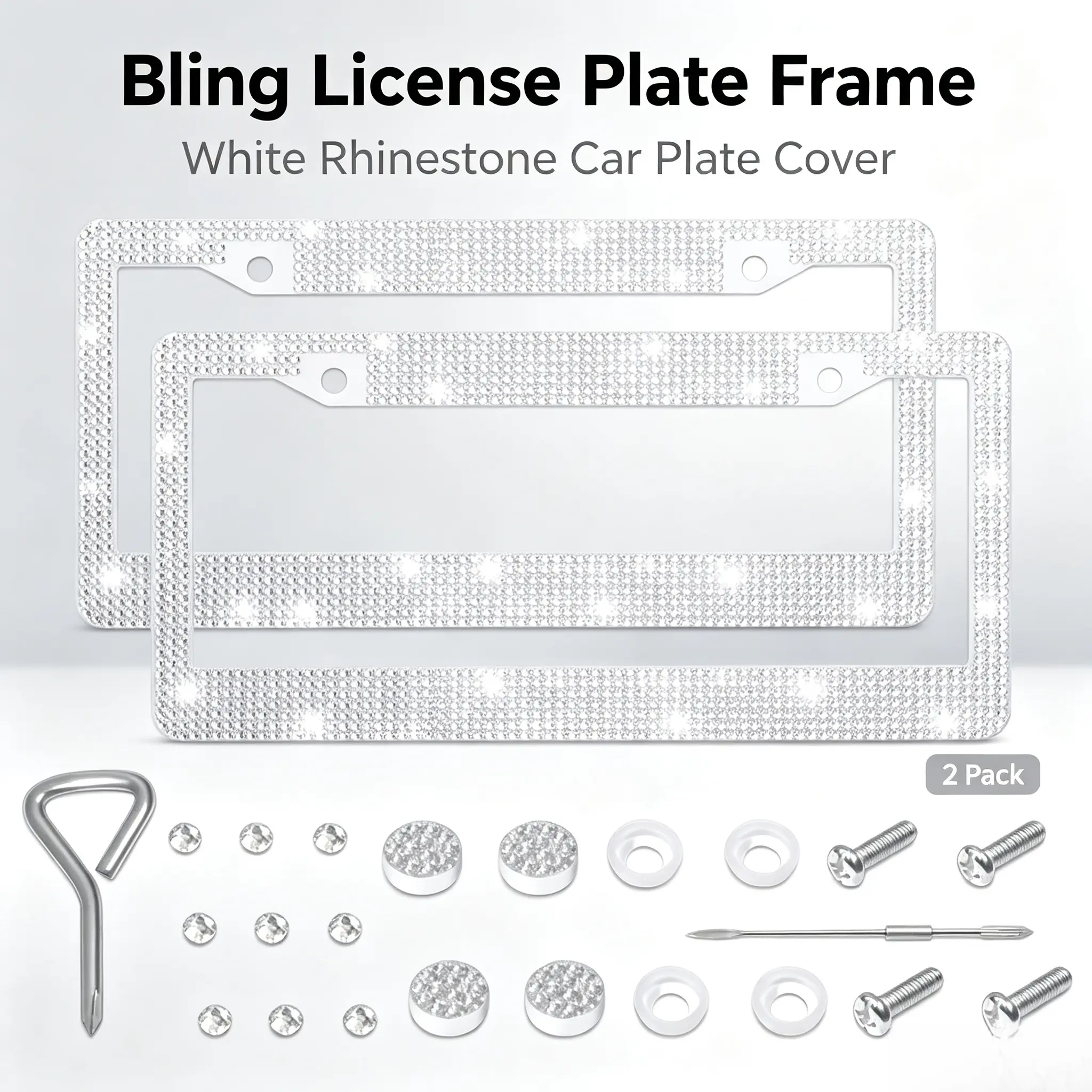 Luxury Sparkly Crystal White License Plate Covers (2-Pack) - All-In-1 Installation Tools Included, Compatible with All American Vehicles