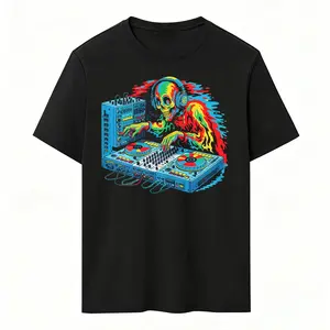 Men's Cotton round neck T-Shirt with Neon DJ Skull Art Comfortable breathable machine washable regular fit Music Culture Festival Tech Style white&black