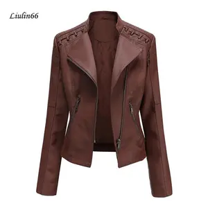 Women’s faux leather jacket, long-sleeve lapel zip-up moto biker short coat with pockets; basic casual top that can also be worn as outerwear with a raincoat.