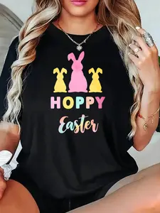 Women's Loose Fit T Shirt Black Hoppy Easter Bunny Rabbit Print And Text
