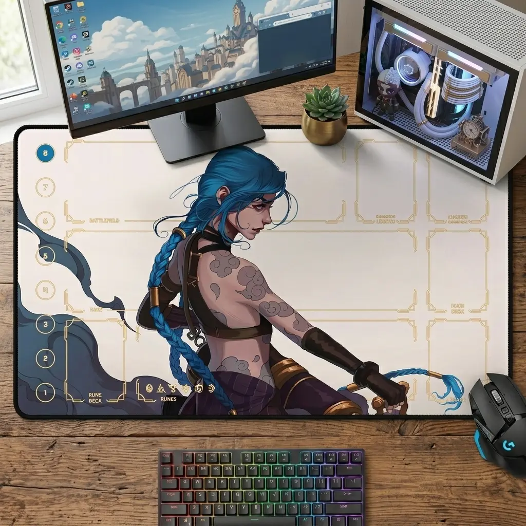 Jinx Redemption Playmat Stitched Edges - Riftbound Trading Card Game - Cool Oversized Desk Mat Mouse Pad for Gaming Desk Accessories, Home Office Setup, and Room Decor
