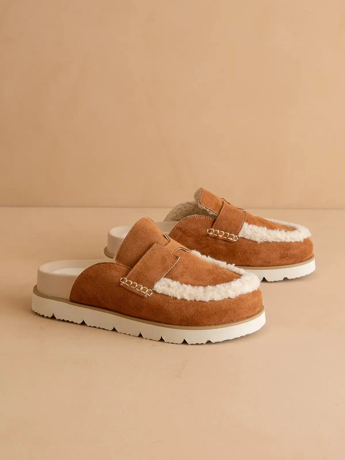 Caramel Suede Shearling Cozy Loafer Mule