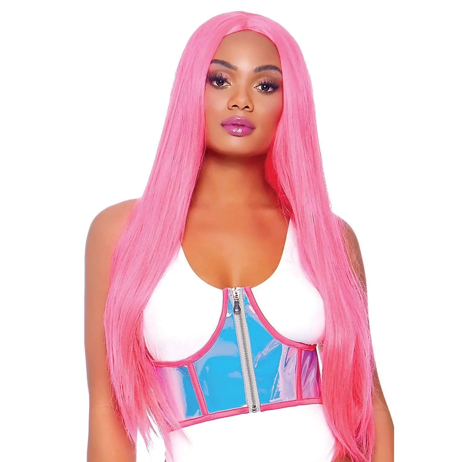 Chic Holographic Vinyl Underbust Corset with Front Zipper, Elastic Waist Cincher Accessory for Sexy Festival & Party Outfits, Fabric, Glam, Under Bust, Strap
