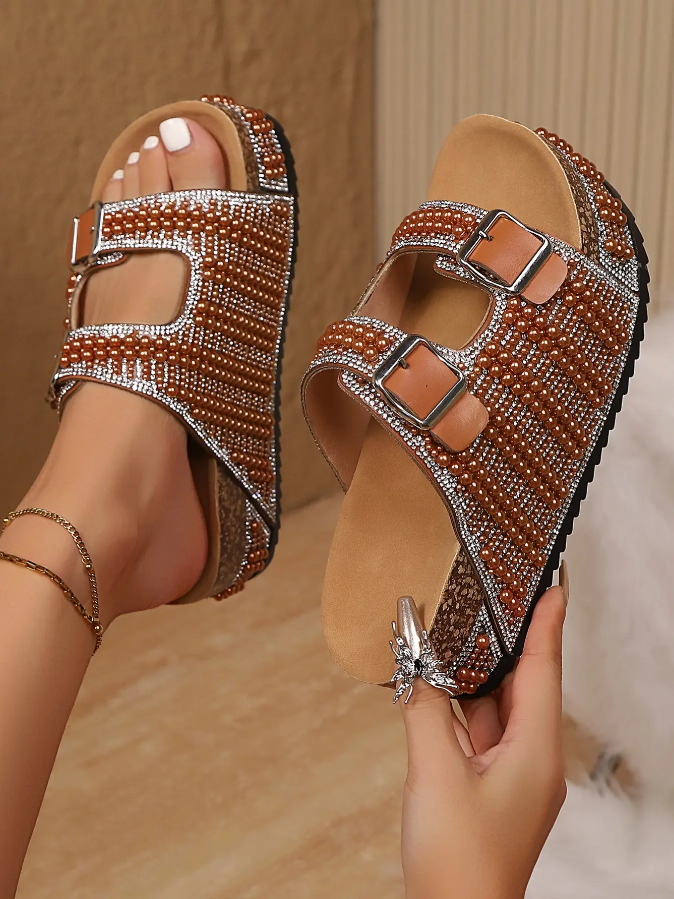 Luxurious Rhinestone Pearl Thick Sole Sandals, Metal Buckle Platform Shoes, Women's Summer Fashion Casual Shoes, Shiny Beach Vacation Sandals, Boho Style Sandals, Fashionable Casual Sandals, Bohemian Sandals