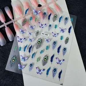 2pcs Embossed Luxurious Blue Butterfly Nail Art Stickers, Peacock Feather Vintage Blue Nail Decals, DIY or Salon Use for Women