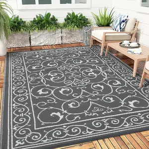 Outdoor Waterproof Patio Rug Double-Sided Reversible Plastic Grass Rug Foldable Garden Decor Rug Modern Geometric Pattern for RVs Picnics Beaches Balconies and Patios