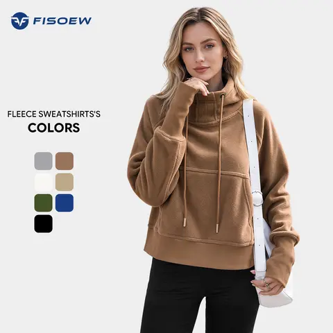 FISOEW Women's Basic Style Long Sleeve Fitted Athletic Sweatshirt - Polyester Fleece Blend High Neck Pullover with Adjustable Drawstring, Large Pockets, Thumbholes, Comfortable Fabric for Everyday Wear & Layering (Pairs with Leggings)