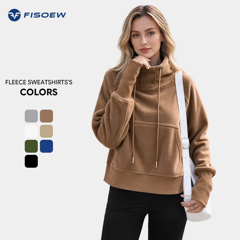 FISOEW Women's Basic Style Long Sleeve Fitted Athletic Sweatshirt - Polyester Fleece Blend High Neck Pullover with Adjustable Drawstring, Large Pockets, Thumbholes, Comfortable Fabric for Everyday Wear & Layering (Pairs with Leggings)