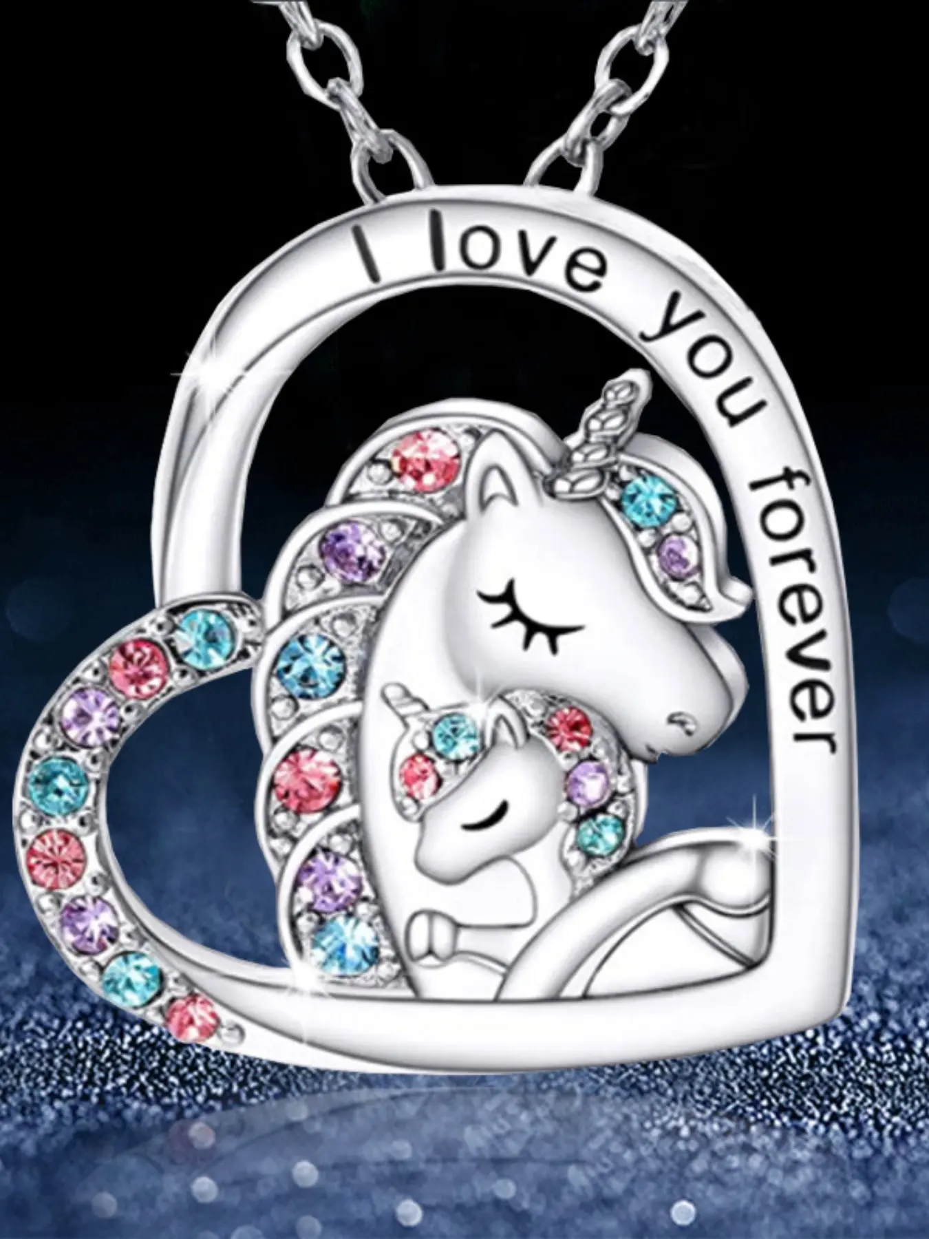 Unicorn Parent-Child Necklace Set, Rainbow Heart Pony Charm Rhinestone Pendant, Casual Alloy Jewelry Gift for All Seasons, Birthday Gift Jewelry