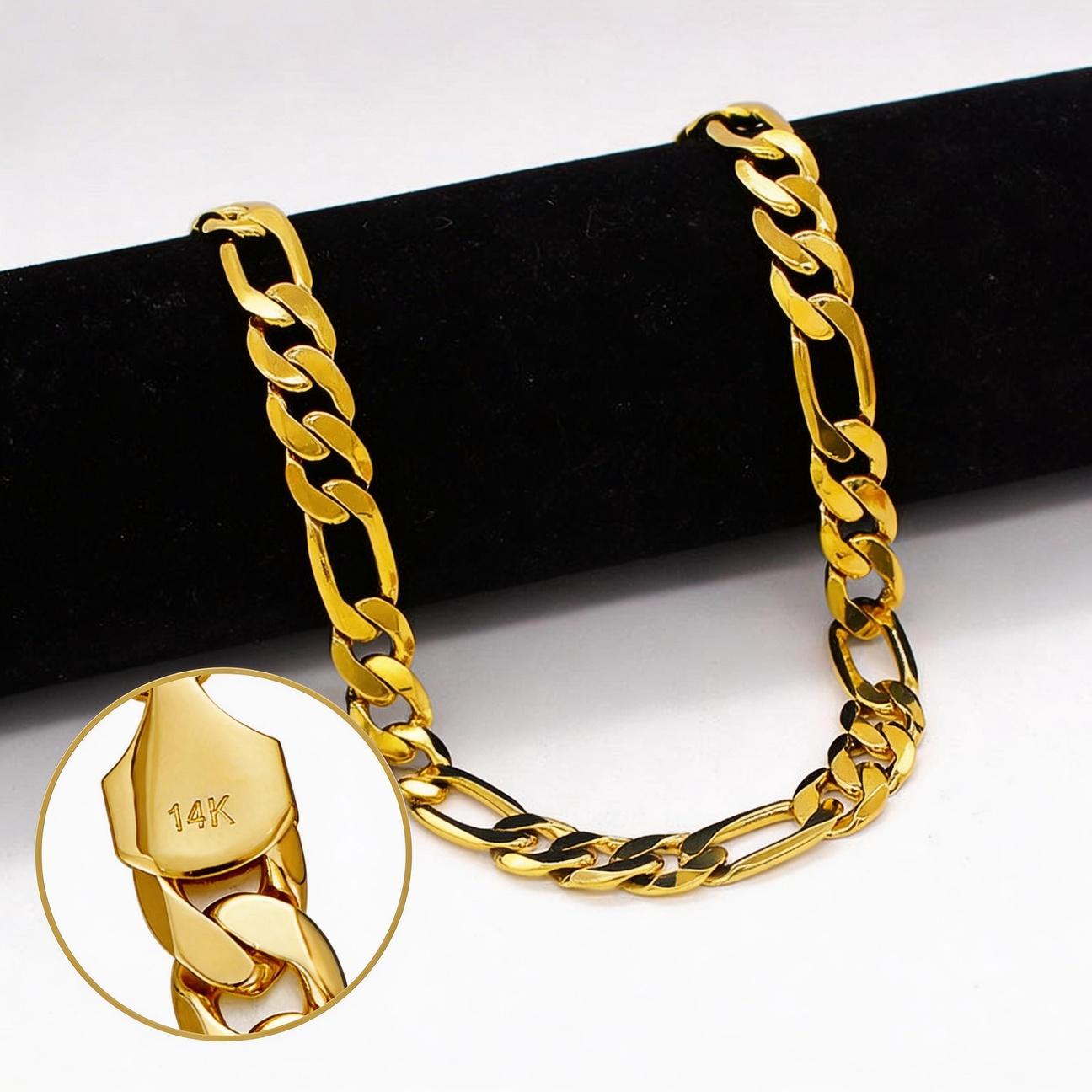 Golden Figaro Chain Necklace For Men and Women - 14k Gold Plated - Durable Clasp 10MM Flat Italian Style Figaro Link Chains Length 19.68/23.62Inch