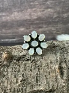 Handmade Sterling Silver Wedding Collection: Mother of Pearl Adjustable Ring "Signed Nizhoni"