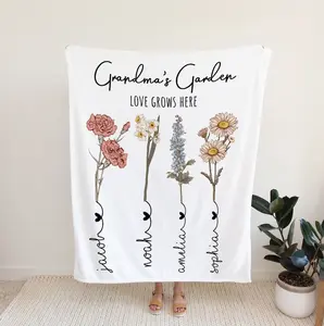 Custom Grandma Garden Blanket, Personalized Birth Flower Blanket With Grandkids Names, Granny Mother's Day, Christmas Gift, Mother's Day 2024