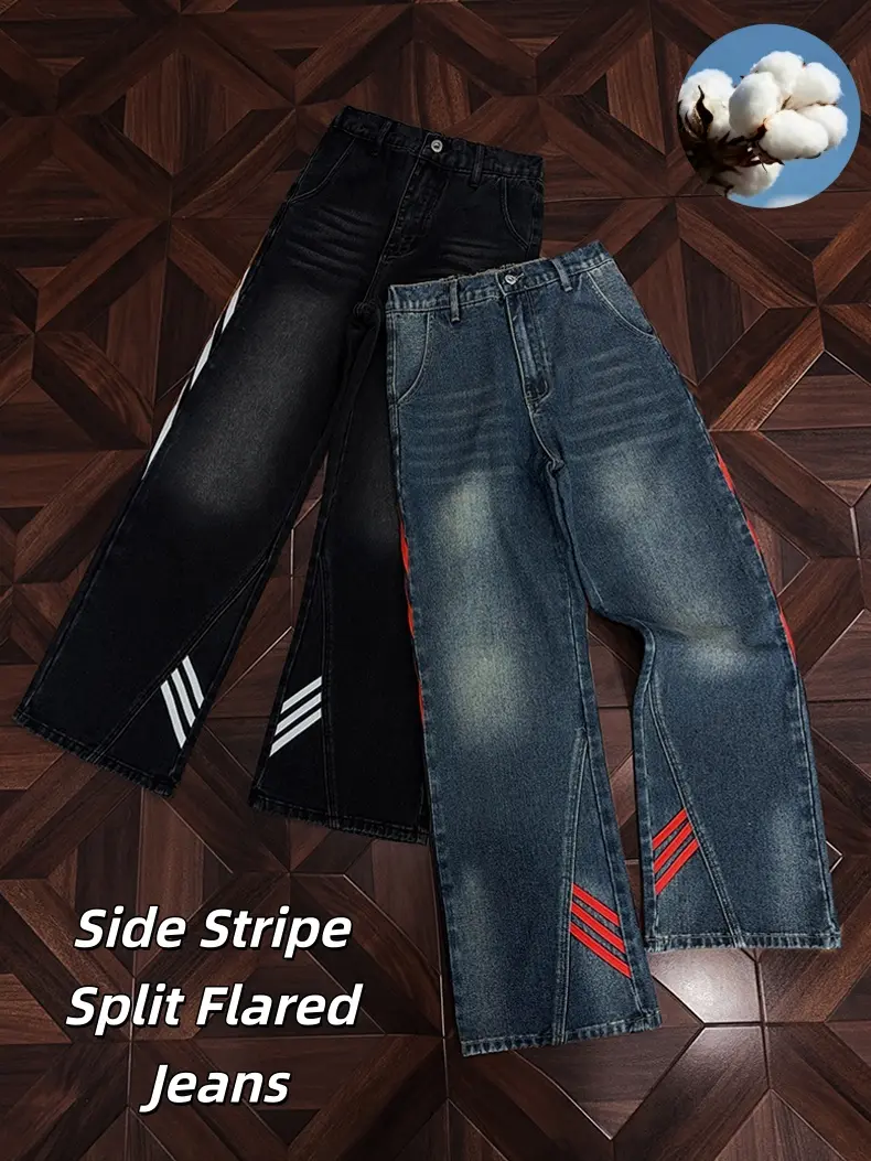 Men's Side Stripe Split Flared Jeans, Vintage Washed Panel Flare Denim Pants, Contrast Side Stripe Loose Streetwear Trousers, Elastic Back Waist Oversized Retro Denim Bottoms For Skater Hip Hop Urban Trendy Outfits