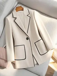 Women's Fall Commuter Jacket, Fitted, Contrast Trim Collar Design, Single Button Closure, Office Wear Outerwear Coat