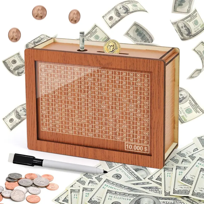Wooden Money Box with Counter, 1 Count Money Saving Box with Pen, Money Saving Jar, Piggy Bank for Adults & Kids, Teen Girl Gifts, Gift for Friend Savings Bank with Target Cash Vintage Coin Bank with Euro Counter Box with Reusable Drawing Board