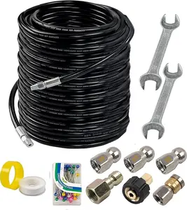 Hourleey Sewer Jetter Kit for Pressure Washer (50/100/200FT 1/4 Inch NPT Drain Cleaner Hose, 4.0 Orifice Button Nose & Rotating Nozzles, Spanner, Tape, Pearl Corsage Pin) – 4000 PSI