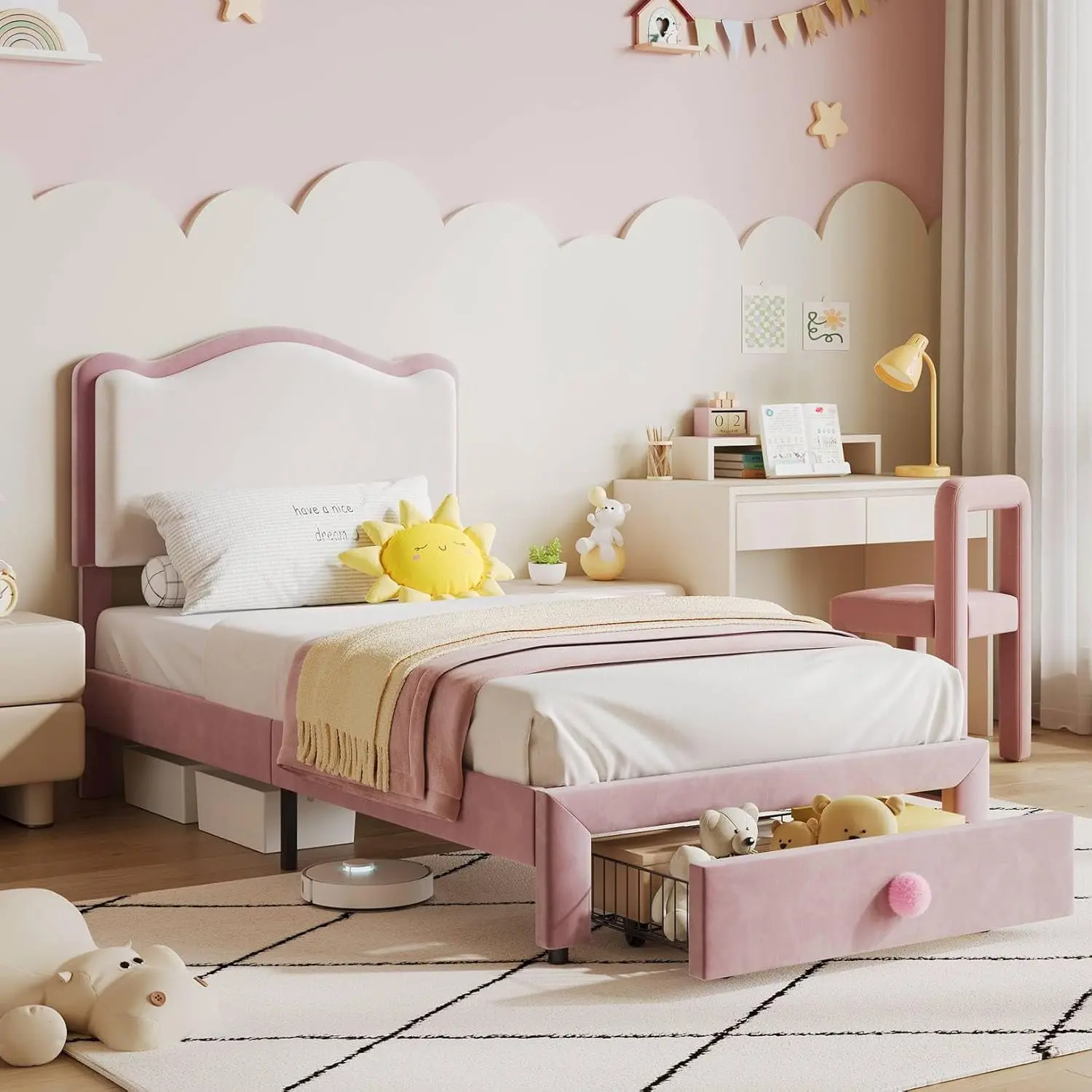 Gaomon Twin Size Velvet Fabric Whimsical Bed Frame - Princess Look, Chic Double Wavy Headboard, 2 Storage Drawers, Silent Solid Wood Slats Support, No Box Spring Needed, Pink and White