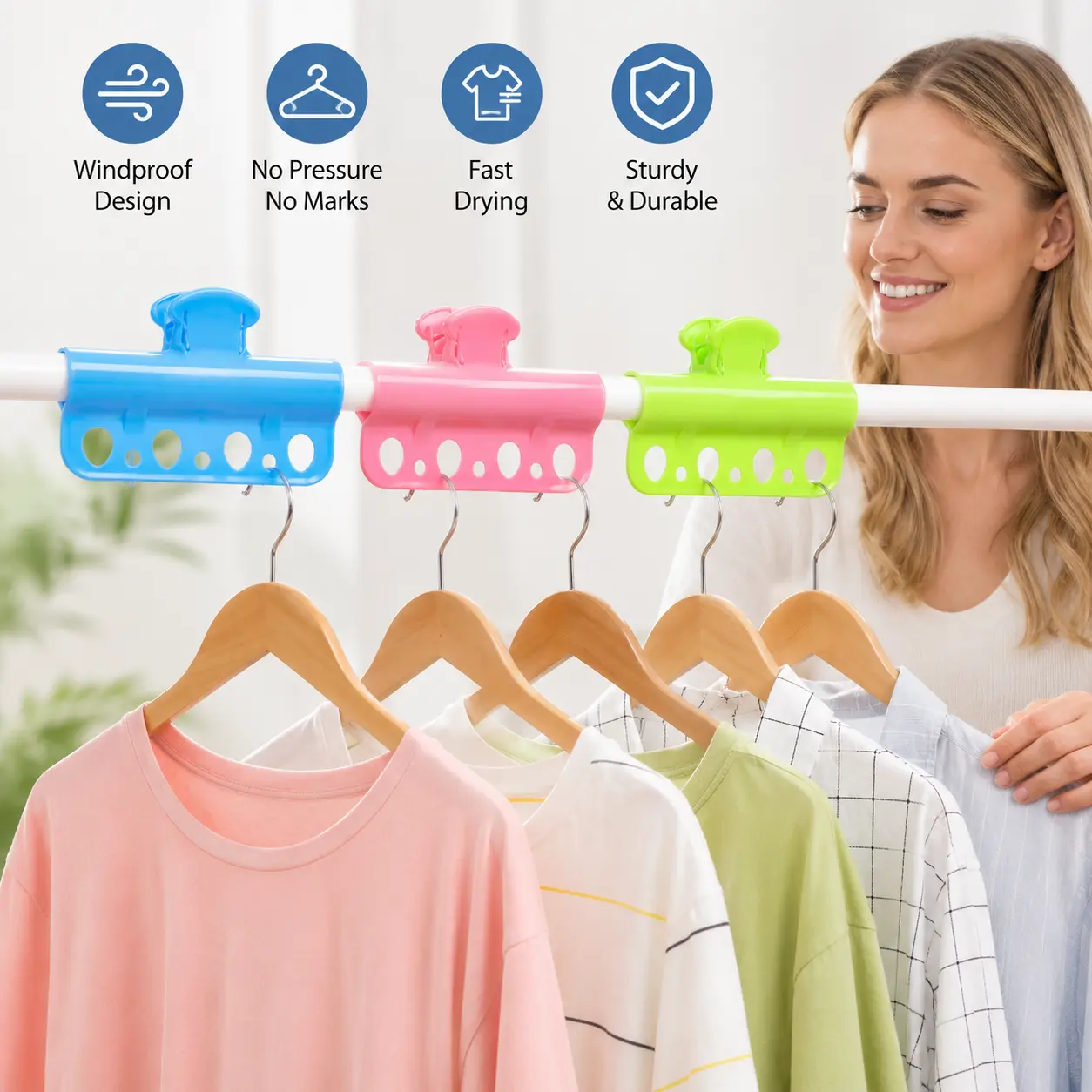 Windproof Grip Clothes Drying Clip Hanger, 1-Count 7-Hole Hanging Organiser, 1-Handed Press Operation for Home Balcony Laundry Use