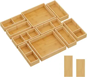 Drawer Organizers 10 Pack(22 Grid) with 12 Inserts, Adjustable  Wooden Drawer Dividers, Stackable Storage Box for Utensils, Silverware, Makeup, Junk in Kitchen/Bathroom/Office/Vanity