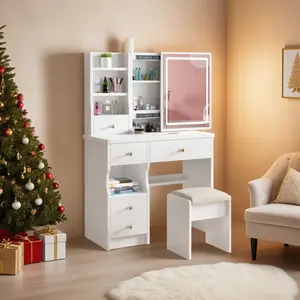 White Vanity Desk with Mirror and Lights, Makeup Vanity with Open Storage Shelves and 3 Lighting Modes, Dressing Table Set with Storage Cabinet, Drawers and Chair for Girls Bedroom