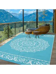 Light blue-9*12 feet  Outdoor Camping Portable Area Rug Patios  Plastic Straw Rug  With Durable Edge Waterproof Reversible Mats Large Floor Mat For RV Trip Backyard Deck Picnic Beach Trailer Balcony