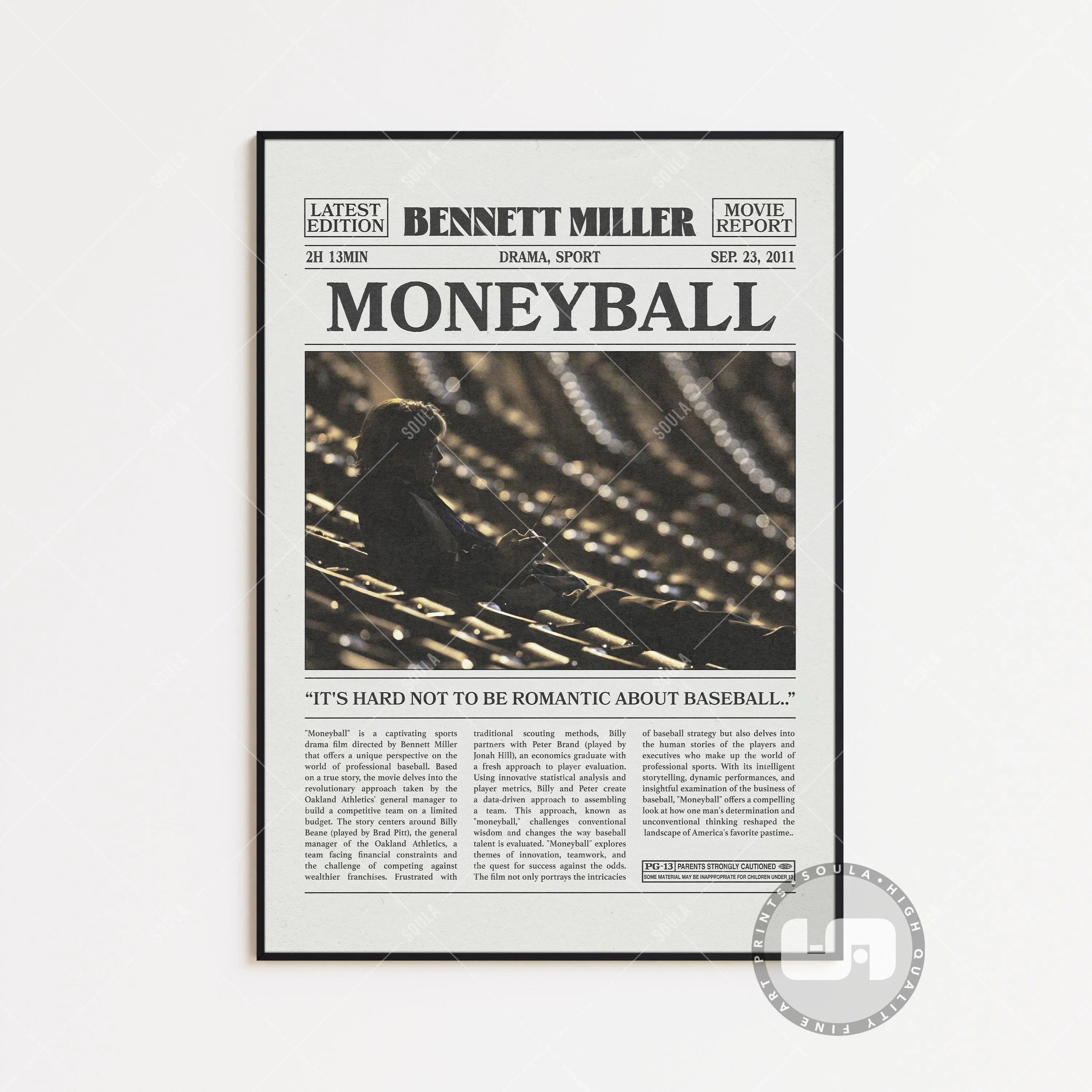Moneyball, Bennett Miller, Retro Newspaper Movie Poster No Frame, Black White Wall Art, Vintage Retro Art Print, Custom Movie Poster, Movie Print