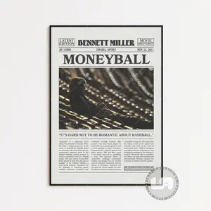 Moneyball, Bennett Miller, Retro Newspaper Movie Poster No Frame, Black White Wall Art, Vintage Retro Art Print, Custom Movie Poster, Movie Print