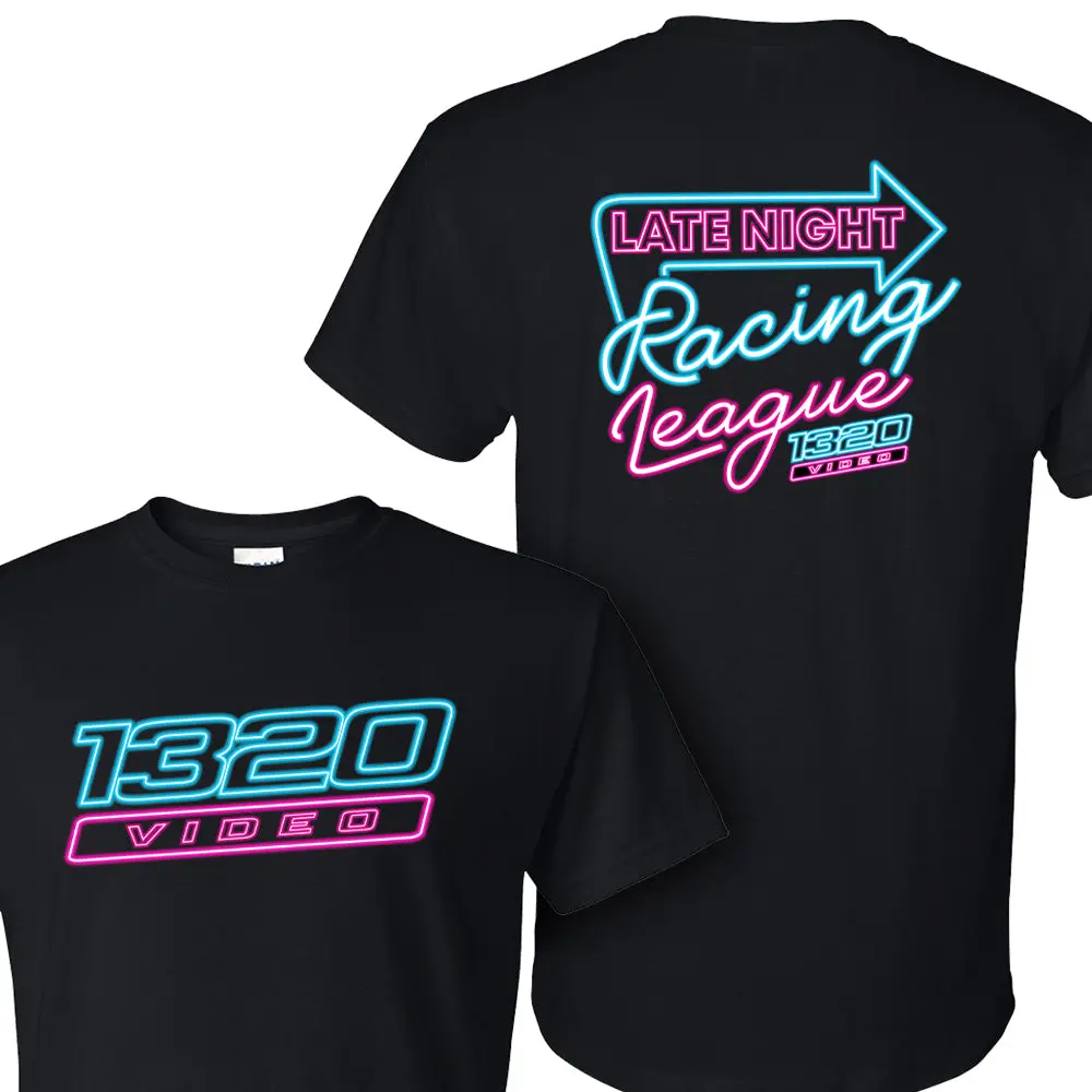 1320 Video Late Night Racing League T-Shirt - Neon Lights Street Racing Graphic Tee, Affordable Fashion Oversized Unisex Crew/Round Neck Short-Sleeve Top, Underground Speed Culture Apparel for Street Racers
