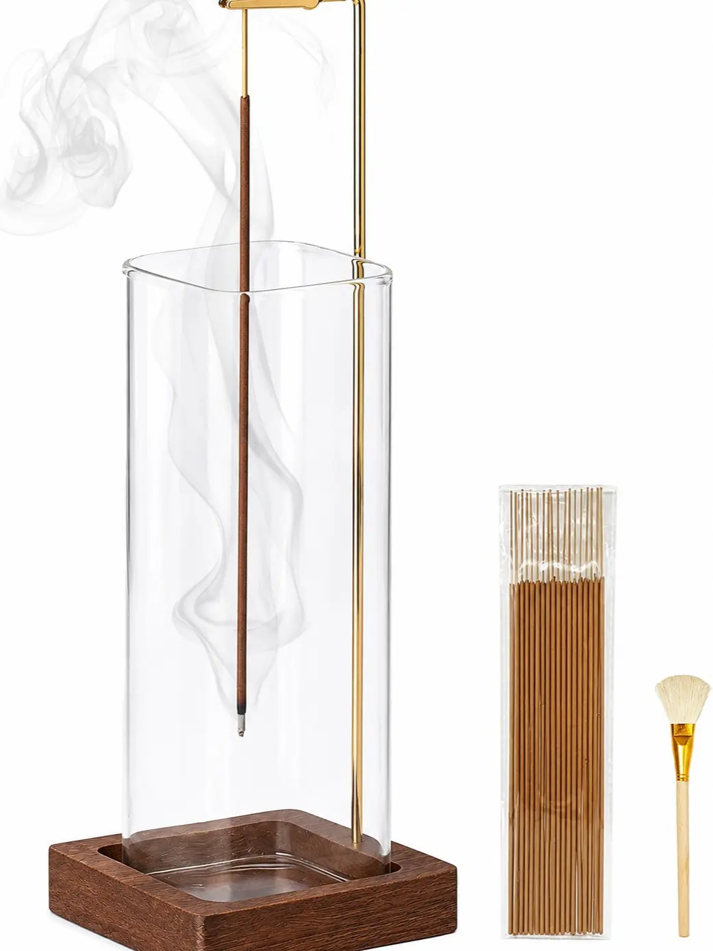 Incense Holder, Wooden Incense Holder for Sticks with Glass Ash Catcher, Anti-ash Incense Burner with 20 Incense Sticks and a Ash Brush for Meditation Yoga Spa Room Decor